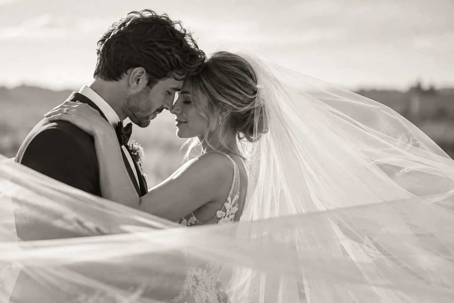 Black and white portrait of a couple forehead to forehead under a flowing veil