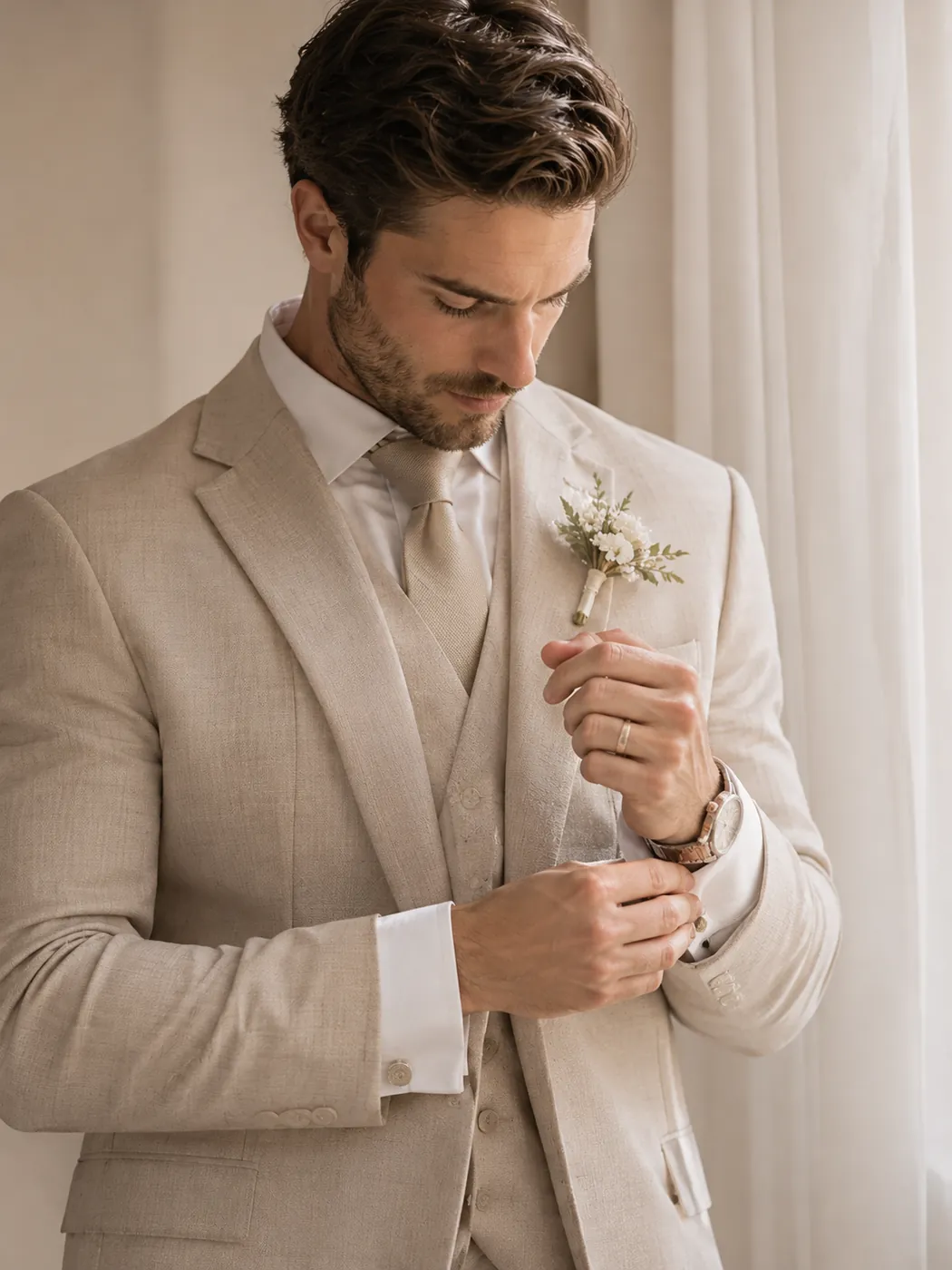 Groom in a beige suit adjusting his cufflink