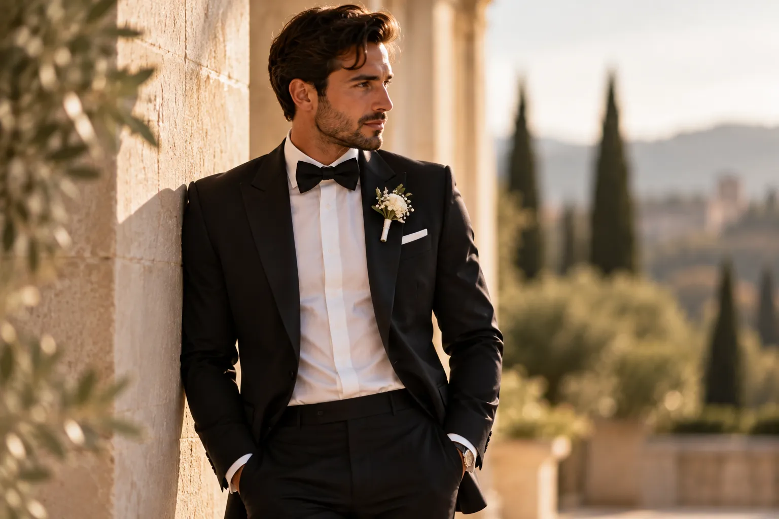 Groom in a black tuxedo leaning on a sunlit stone wall